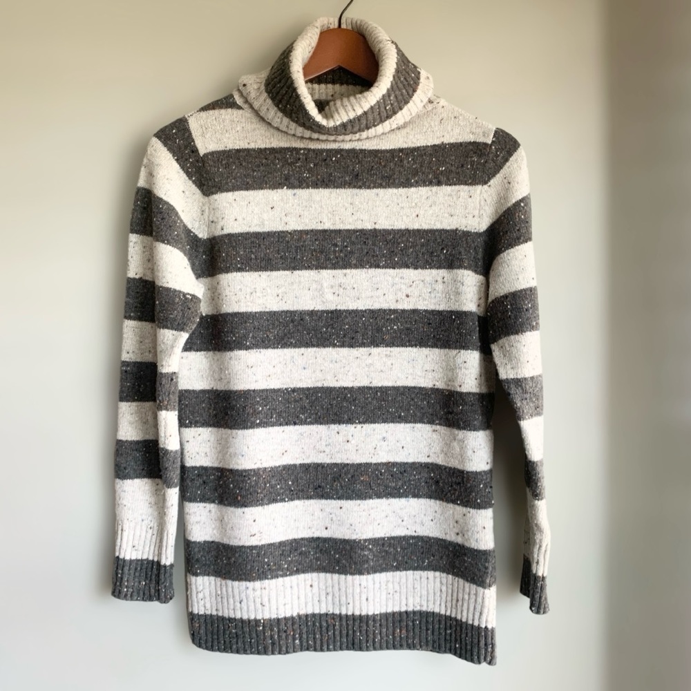LILY MCNEAL Confetti Striped Turtleneck Wool Sweater | Brown & Oatmeal | Size SM